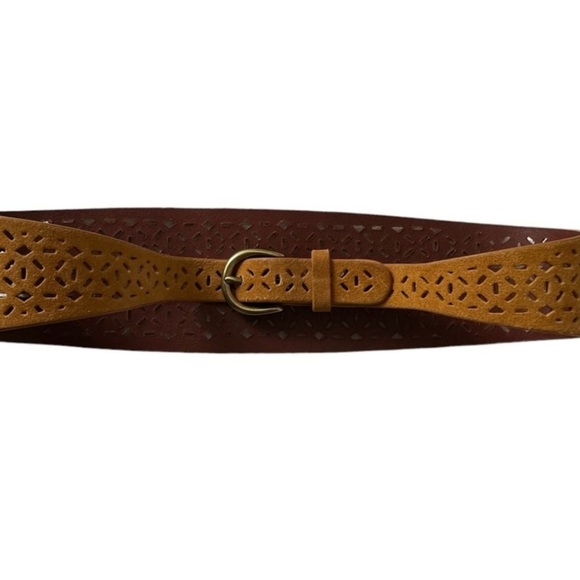 Anthropologie Tapered Eyelet Laser-cut Suede Leather Belt Mustard Gold - Picture 4 of 9